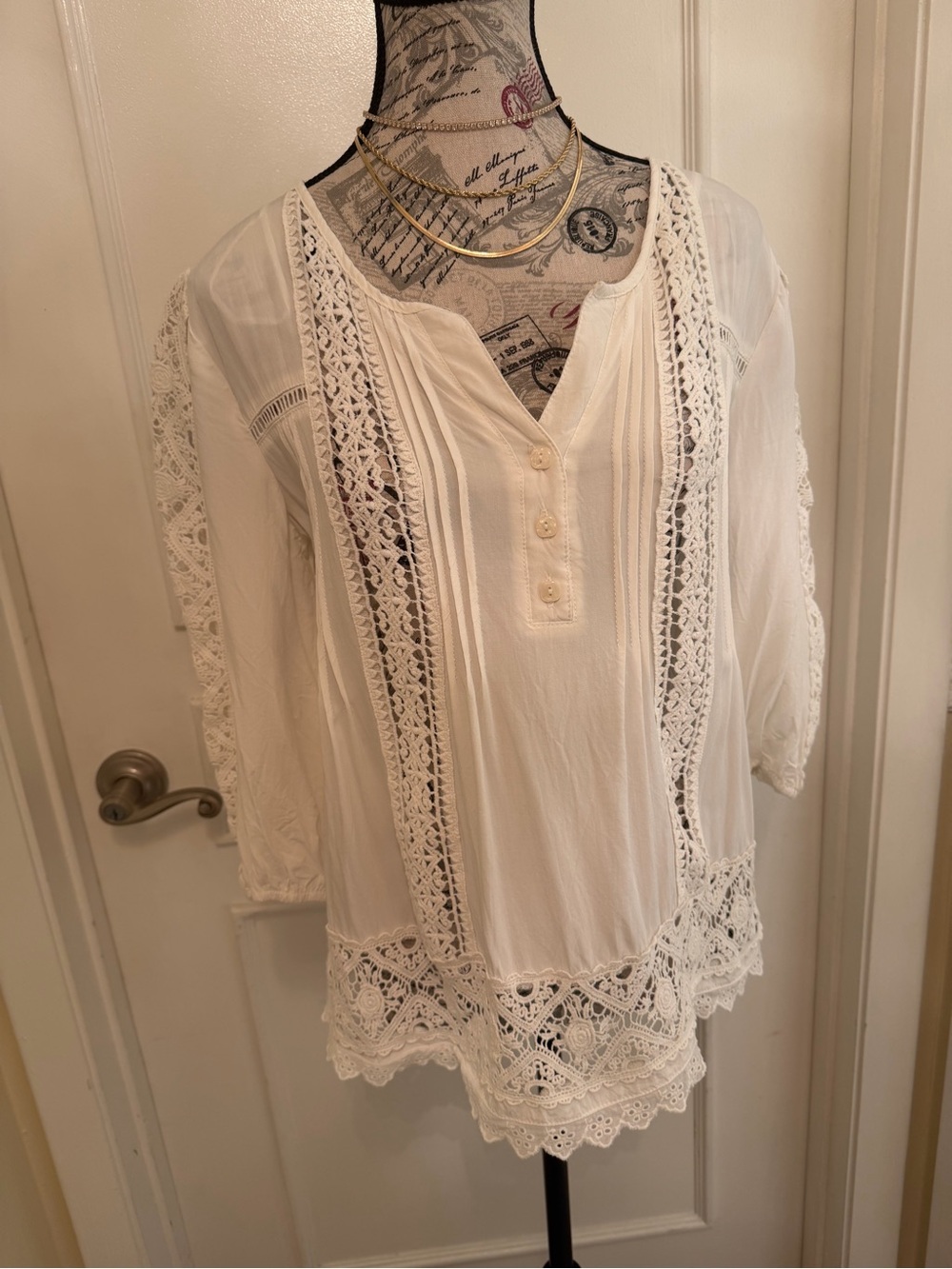 Solitaire Ravi Khosla White Crochet Lace Boho Tunic Blouse Medium - Picture 3 of 13